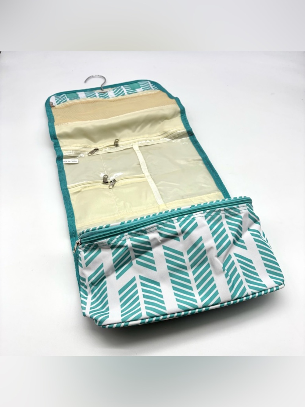 Hanging Travel Toiletry Bag in Teal Arrow Print